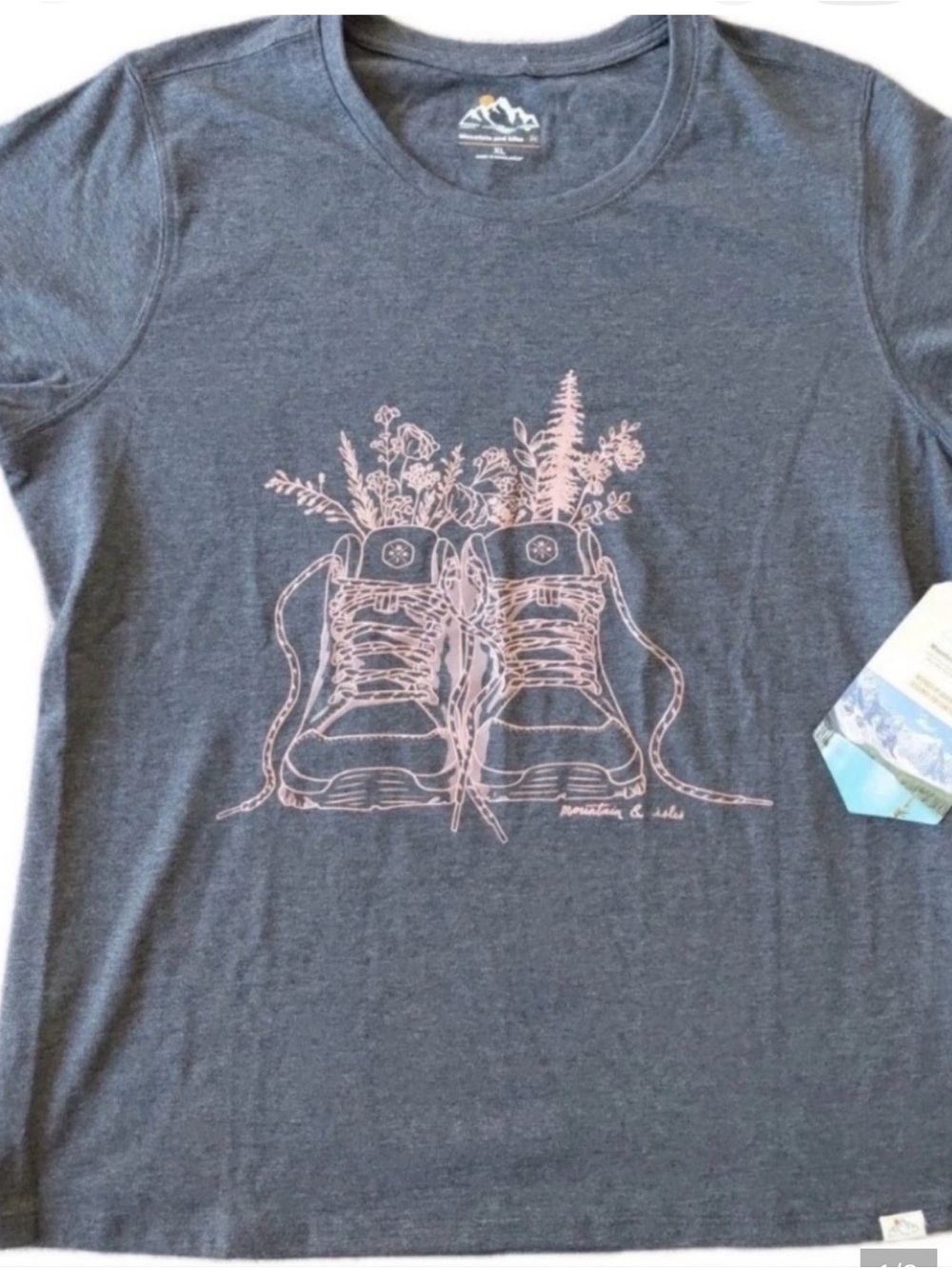 Mountain and Isles Women Graphic Tee - Charcoal with Pink hiking boots Prints